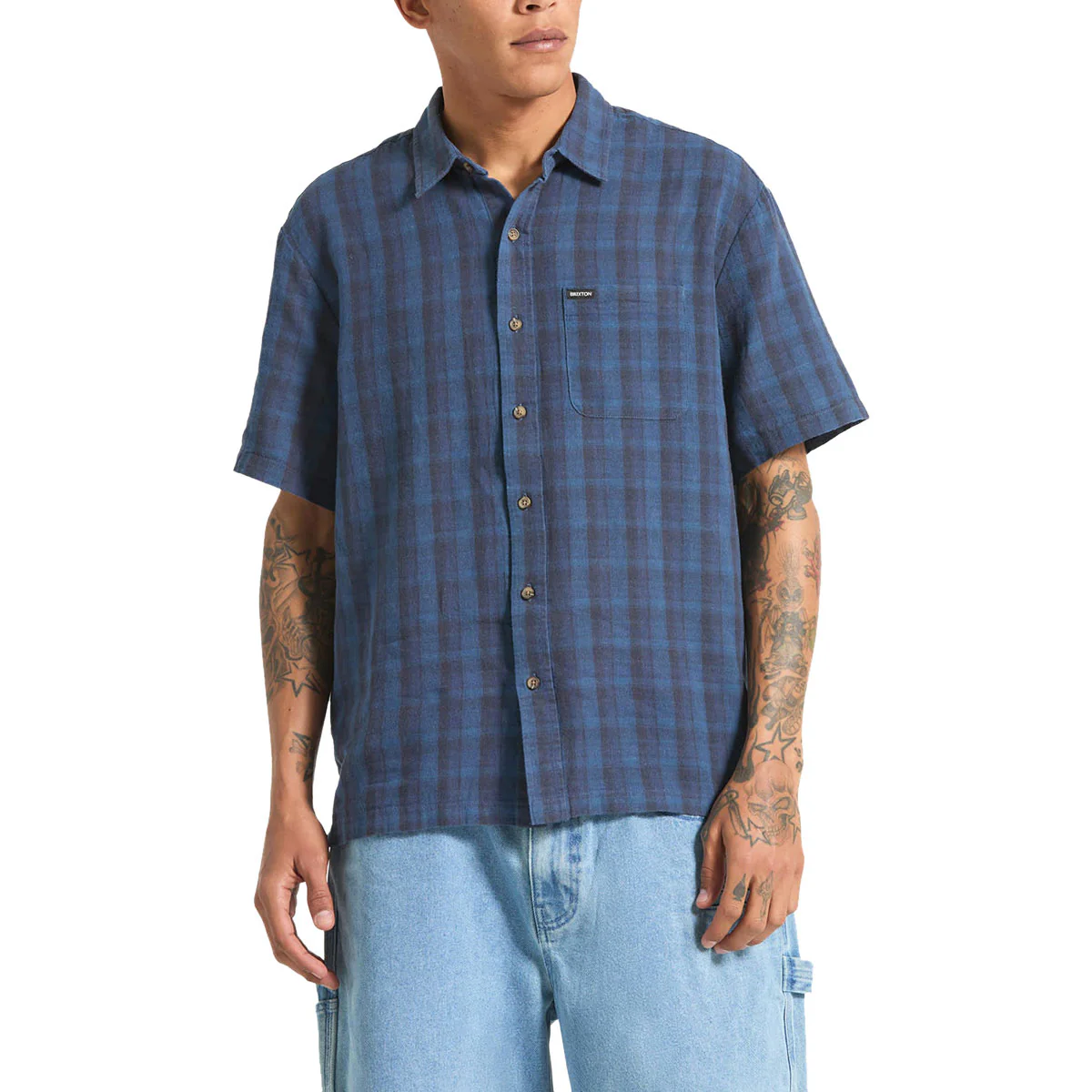 Brixton Cru Linen Blend Plaid Shirt - Dark Blue/Black Plaid - Image 2