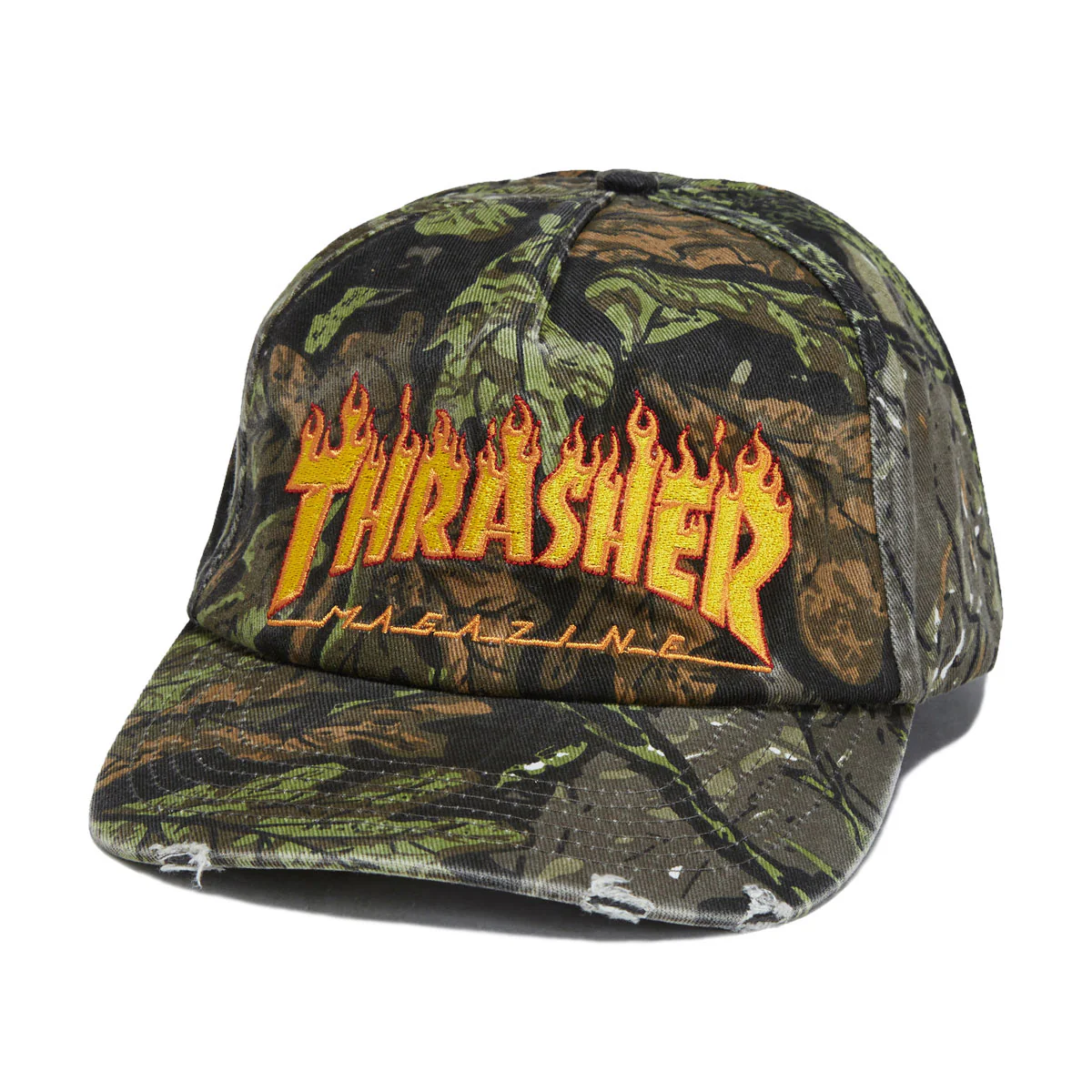 Thrasher Flame Distressed Snapback Hat - Camo